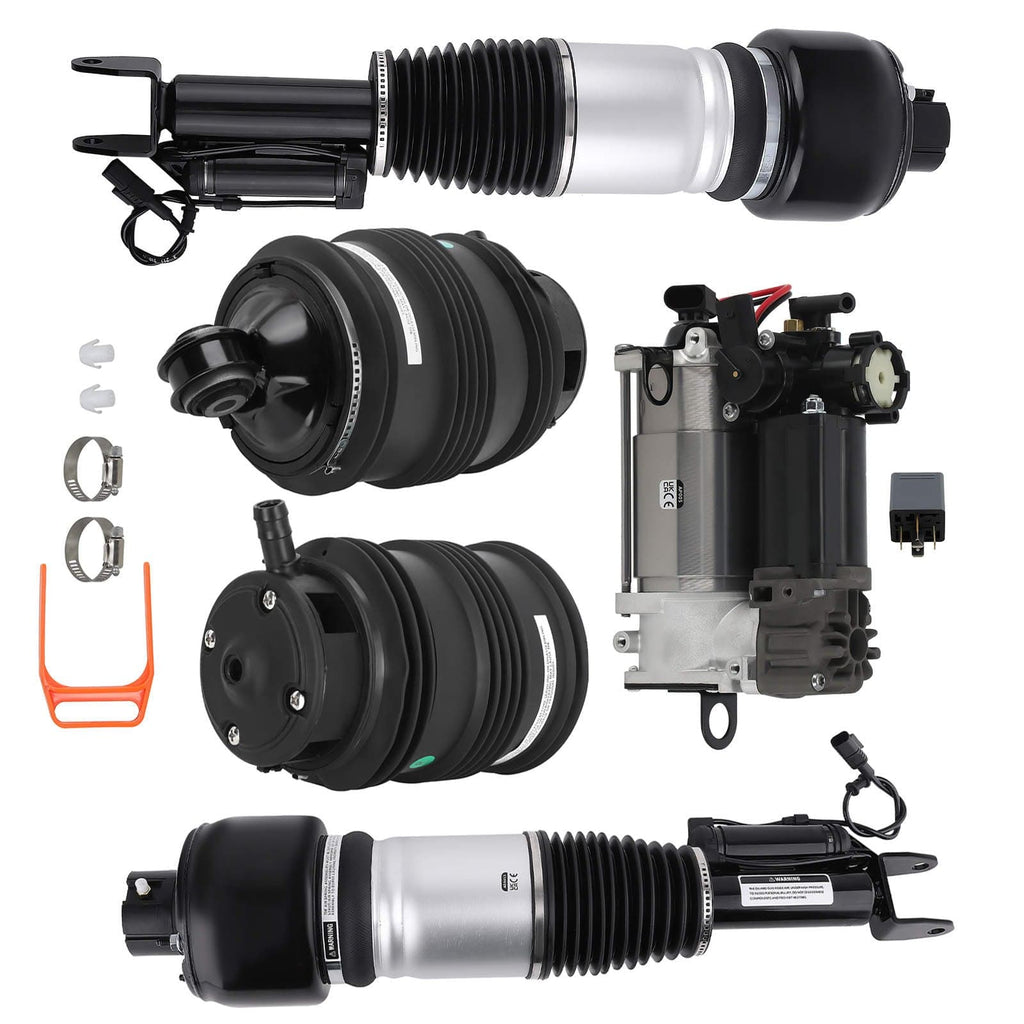 Neu 2x Vorne Federbein + 2x Hinten Luftbalg + Kompressor kompatibel für Mercedes C219 E W211