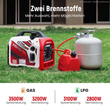 Laden Sie das Bild in den Galerie-Viewer, Stromgenerator 3500W LPGBenzin dual fuel generator Inverter Stromaggregat E-Start+Bluetooth